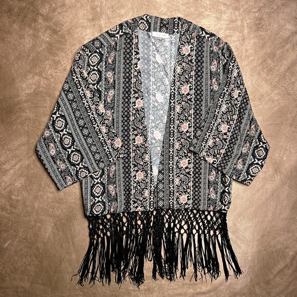 Sugarlips Floral Paisley Open Front Fringe Cardigan Black Cream Boho Shabby Chic - Picture 8 of 8